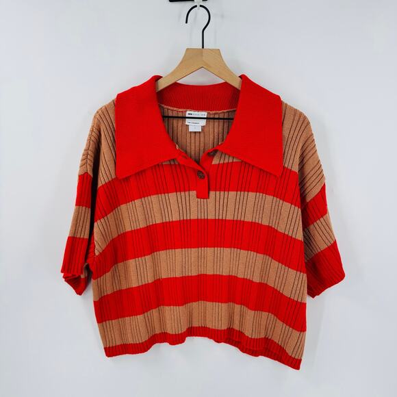 ASOS Striped Cropped Sweater Polo Collar Knit Top Size L Large Fall Outfit - Picture 6 of 6